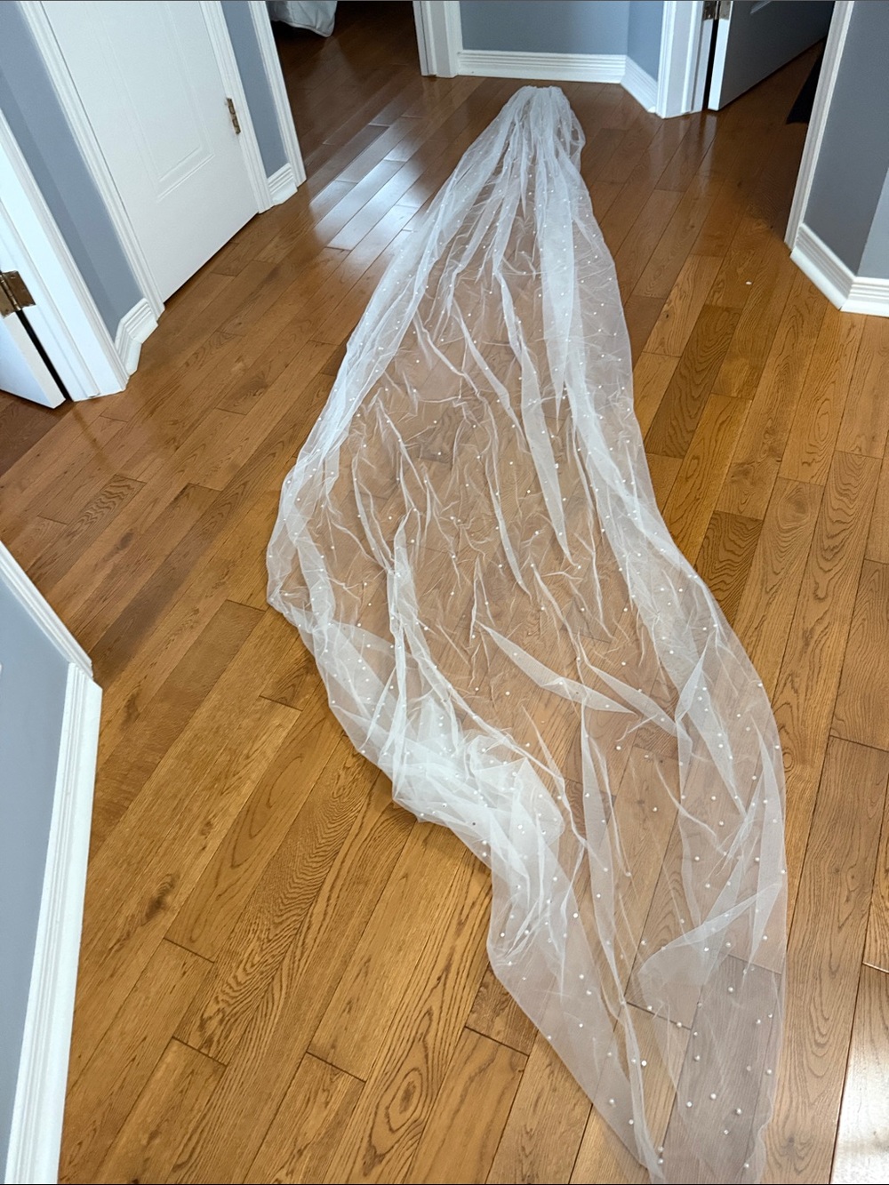 Long White Bridal Veil with Scattered Pearls